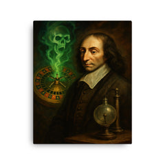 Blaise Pascal before haunted roulette wheel and vacuum apparatus canvas print on a plain backdrop in size 16"x20".