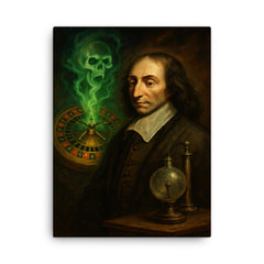 Blaise Pascal before haunted roulette wheel and vacuum apparatus canvas print on a plain backdrop in size 18"x24".