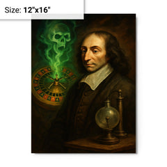 Blaise Pascal before haunted roulette wheel and vacuum apparatus metal print on a plain backdrop in size 12"x16".