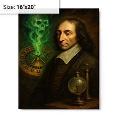 Blaise Pascal before haunted roulette wheel and vacuum apparatus metal print on a plain backdrop in size 16"x20".