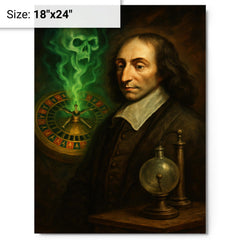 Blaise Pascal before haunted roulette wheel and vacuum apparatus metal print on a plain backdrop in size 18"x24".
