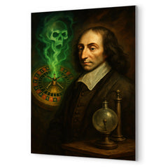 Blaise Pascal before haunted roulette wheel and vacuum apparatus metal print mockup