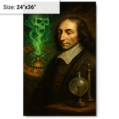Blaise Pascal before haunted roulette wheel and vacuum apparatus metal print on a plain backdrop in size 24"x36".