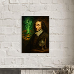 Blaise Pascal before haunted roulette wheel and vacuum apparatus metal print mockup