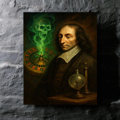 Blaise Pascal before haunted roulette wheel and vacuum apparatus metal print mockup