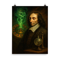 Blaise Pascal before haunted roulette wheel and vacuum apparatus poster on a plain backdrop in size 8"x10".