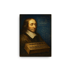 Blaise Pascal beside a proto calculator blueprint canvas print on a plain backdrop in size 12"x16".