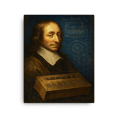 Blaise Pascal beside a proto calculator blueprint canvas print on a plain backdrop in size 16"x20".