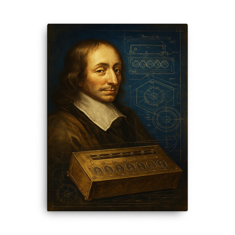 Blaise Pascal beside a proto calculator blueprint canvas print on a plain backdrop in size 18