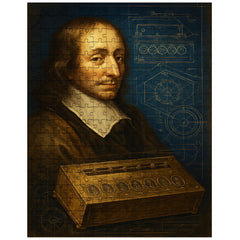 Blaise Pascal beside a proto calculator blueprint jigsaw puzzle