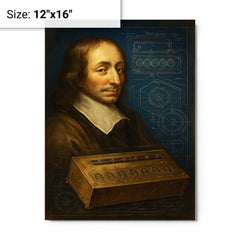 Blaise Pascal beside a proto calculator blueprint metal print on a plain backdrop in size 12"x16".