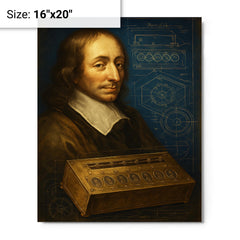 Blaise Pascal beside a proto calculator blueprint metal print on a plain backdrop in size 16"x20".