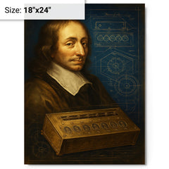 Blaise Pascal beside a proto calculator blueprint metal print on a plain backdrop in size 18"x24".