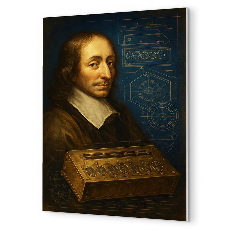 Blaise Pascal beside a proto calculator blueprint metal print mockup