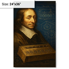 Blaise Pascal beside a proto calculator blueprint metal print on a plain backdrop in size 24"x36".