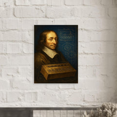 Blaise Pascal beside a proto calculator blueprint metal print mockup