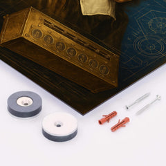 Blaise Pascal beside a proto calculator blueprint metal print mockup