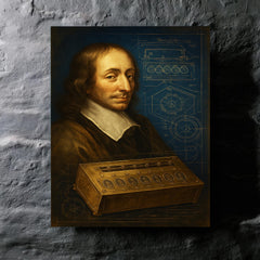Blaise Pascal beside a proto calculator blueprint metal print mockup