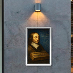 Blaise Pascal beside a proto calculator blueprint poster 2