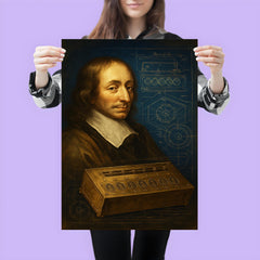 Blaise Pascal beside a proto calculator blueprint poster 3
