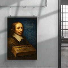 Blaise Pascal beside a proto calculator blueprint poster 4