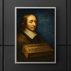Blaise Pascal beside a proto calculator blueprint poster 5
