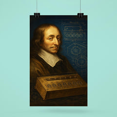 Blaise Pascal beside a proto calculator blueprint poster 6