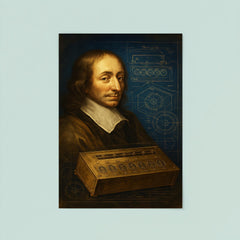 Blaise Pascal beside a proto calculator blueprint poster 8