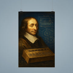 Blaise Pascal beside a proto calculator blueprint poster 9
