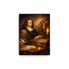 Blaise Pascal beside primitive calculating machine and crucifix canvas print on a plain backdrop in size 12"x16".