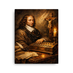 Blaise Pascal beside primitive calculating machine and crucifix canvas print on a plain backdrop in size 16"x20".