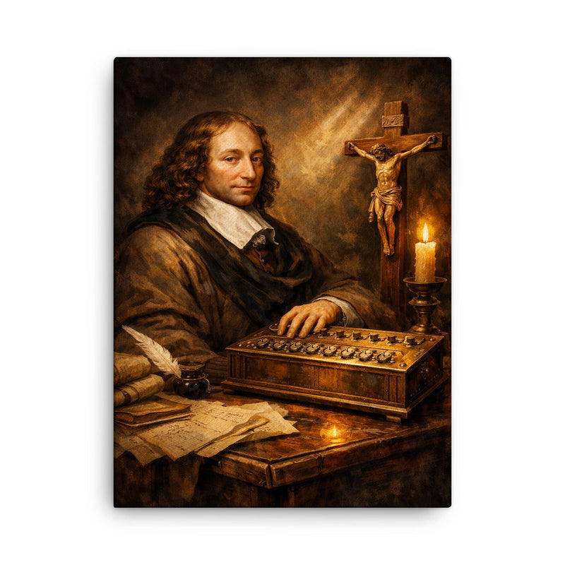 Blaise Pascal beside primitive calculating machine and crucifix canvas print on a plain backdrop in size 18