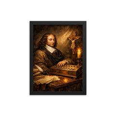 Blaise Pascal beside primitive calculating machine and crucifix framed print on a plain backdrop in size 12"x16".