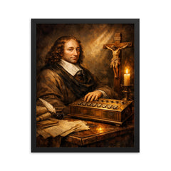 Blaise Pascal beside primitive calculating machine and crucifix framed print on a plain backdrop in size 16"x20".
