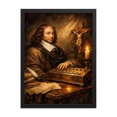 Blaise Pascal beside primitive calculating machine and crucifix framed print on a plain backdrop in size 18"x24".