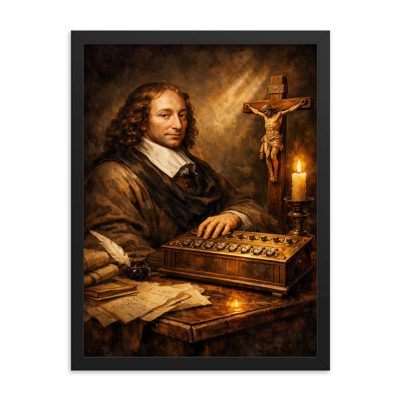 Blaise Pascal beside primitive calculating machine and crucifix framed print on a plain backdrop in size 18