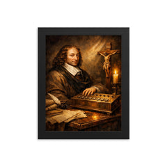 Blaise Pascal beside primitive calculating machine and crucifix framed print on a plain backdrop in size 8"x10".