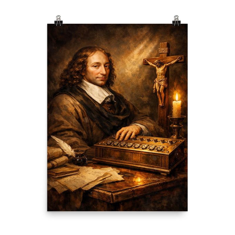 Blaise Pascal beside primitive calculating machine and crucifix poster on a plain backdrop in size 8