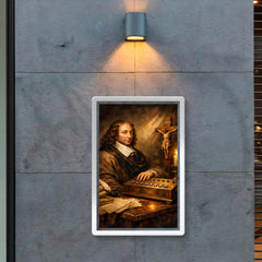 Blaise Pascal beside primitive calculating machine and crucifix poster 2