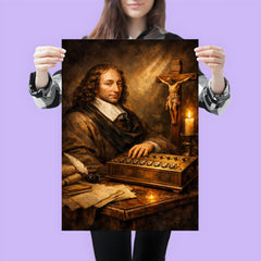 Blaise Pascal beside primitive calculating machine and crucifix poster 3
