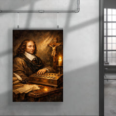 Blaise Pascal beside primitive calculating machine and crucifix poster 4