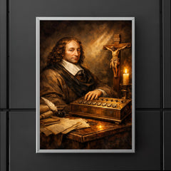 Blaise Pascal beside primitive calculating machine and crucifix poster 5