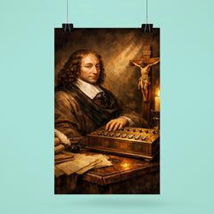 Blaise Pascal beside primitive calculating machine and crucifix poster 6