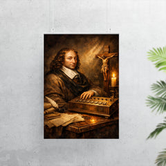 Blaise Pascal beside primitive calculating machine and crucifix poster 7