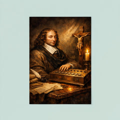 Blaise Pascal beside primitive calculating machine and crucifix poster 8