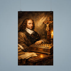 Blaise Pascal beside primitive calculating machine and crucifix poster 9