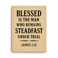 Blessed is the man who remains steadfast under trial James 112 canvas print on a plain backdrop in size 18"x24".