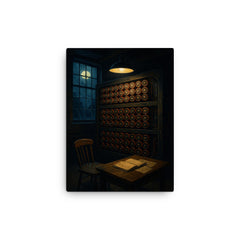 Bletchley Park bombe room at midnight canvas print on a plain backdrop in size 12"x16".