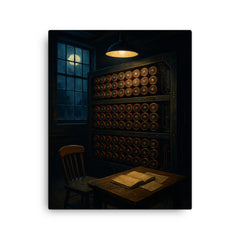 Bletchley Park bombe room at midnight canvas print on a plain backdrop in size 16"x20".