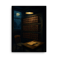 Bletchley Park bombe room at midnight canvas print on a plain backdrop in size 18"x24".